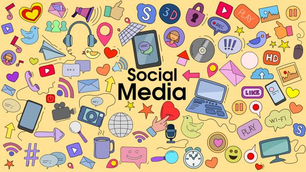 Doodle cartoon set of social media theme Premium Vector